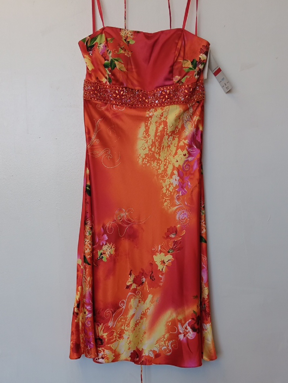 Vintage Faviana Floral Red Orange Satin Spaghetti-Strap Dress